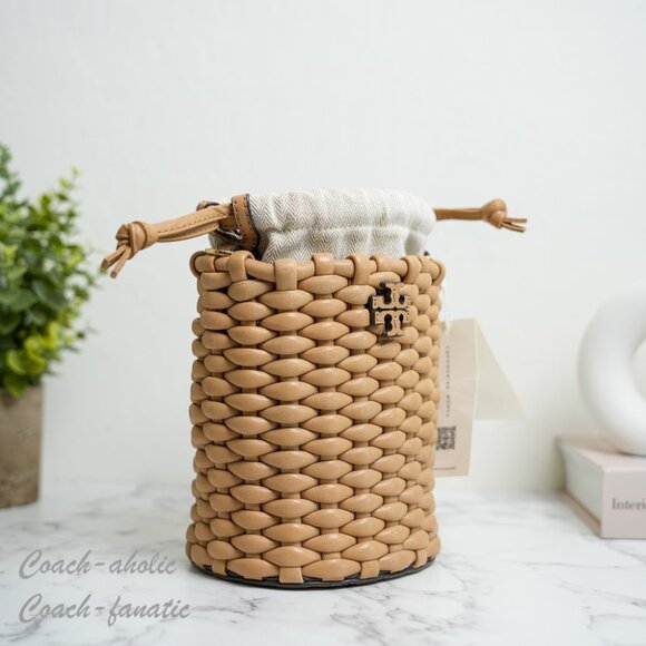 NWT  Tory Burch Emerson Woven Mini Bucket Bag in Ginger Shortbread 160648 - Picture 6 of 12